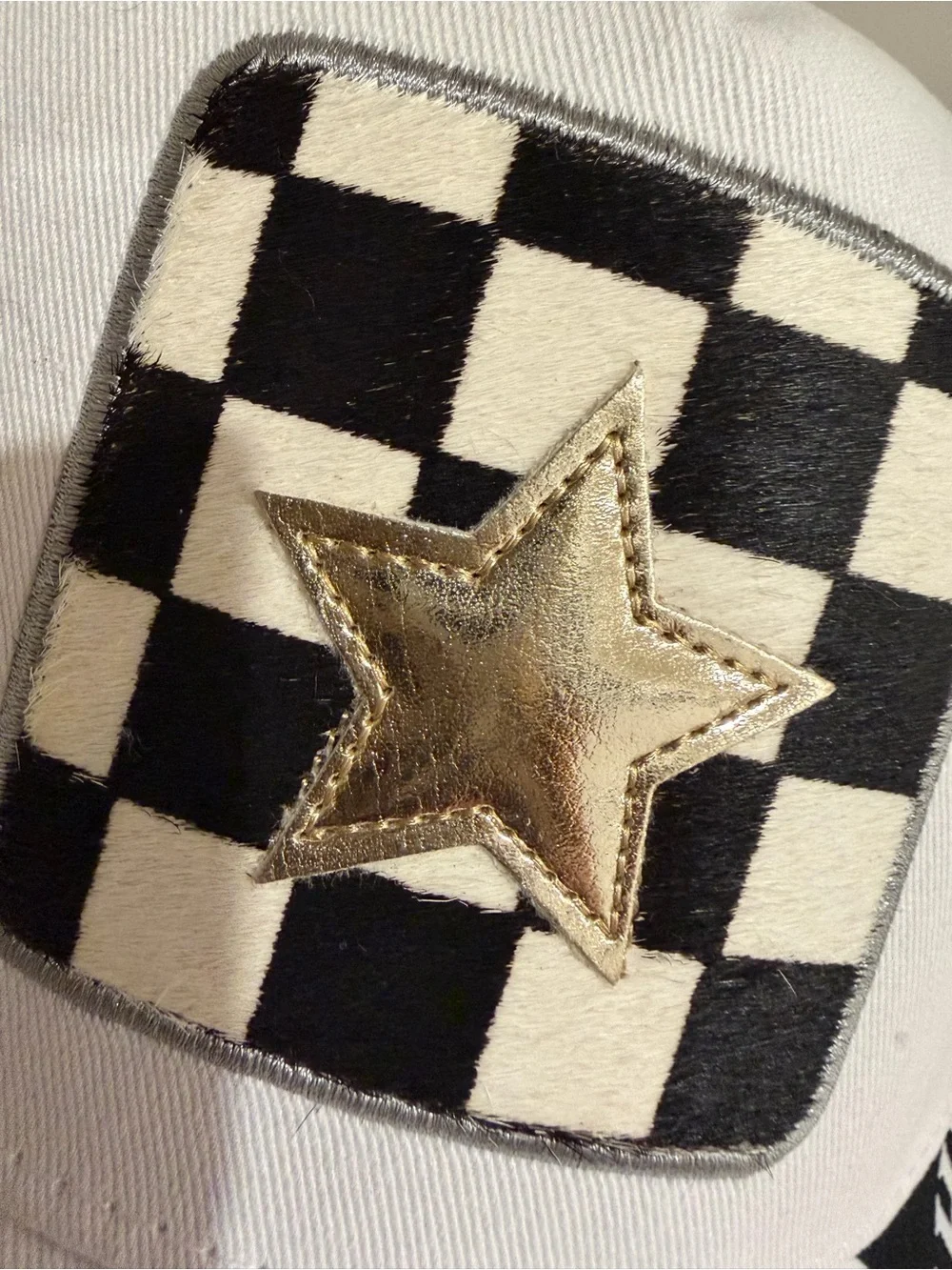 White Cap with Checker Patch and Washed Gold Star Vintage Havana Trucker Hat NWT